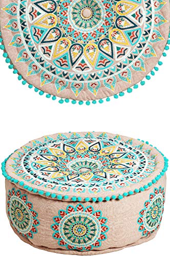 Marrakesch Runder Pouf Hocker aus Baumwolle inklusive Füllung Badar -2- ø 50cm Rund | Boho Deko Sitzkissen Bodenkissen | Sitzpuff Sitzhocker Fusshocker Bestickt Wohnzimmer Deko von Marrakesch Orient & Mediterran Interior