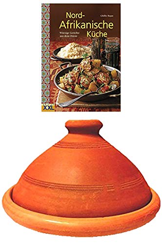 Tajine, original aus Marokko, inklusive Kochbuch Nord Afrikanische Küche, Tontopf zum Kochen, Tuareg Ø 35cm, für 6-8 Personen, handgetöpfert aus Marrakesch, frei von Schadstoffe von Marrakesch Orient & Mediterran Interior