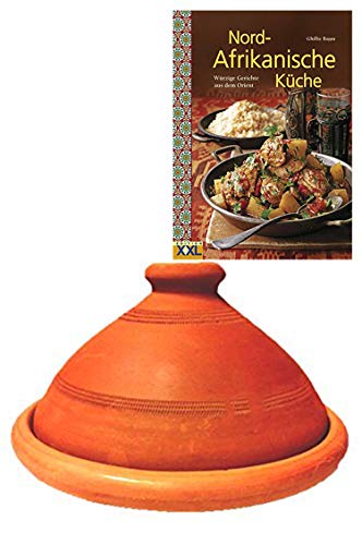 Tajine, original aus Marokko, inklusive Kochbuch Nord Afrikanische Küche, Tontopf zum Kochen, Tuareg Ø 26cm, für 1-3 Personen, handgetöpfert aus Marrakesch, frei von Schadstoffe von Marrakesch Orient & Mediterran Interior