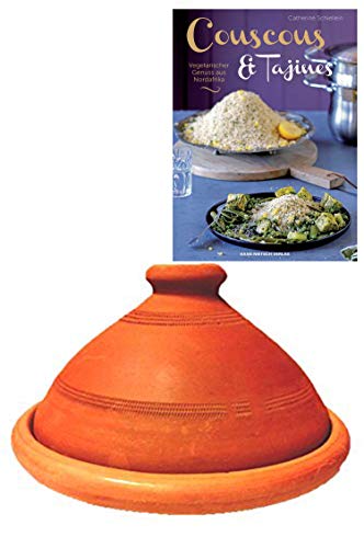 Tajine original aus Marokko, inklusive Kochbuch Vegetarischer Genuss aus Nordafrika, Tontopf zum Kochen, Tuareg Ø 35cm, für 6-8 Personen, handgetöpfert aus Marrakesch, unglasiert, frei von Schadstoffe von Marrakesch Orient & Mediterran Interior