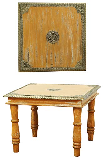 Vintage Couchtisch Beistelltisch Anjay 55cm Groß | kleiner Tisch aus Holz massiv mit Messing verziert für Ihre Wohnzimmer | Niedriger Sofatisch Wohnzimmertisch gelb von Marrakesch Orient & Mediterran Interior