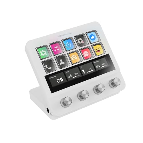 Mars Gaming MSD-PRO, Control Deck, 10 LCD-Tasten und 4 Anpassbare Drehregler, Erweiterter Animierter Touchscreen, Verstellbare Basis, Steuerungssoftware, USB-Hub mit 2X USB 3.0 + 1x USB-C, Weiß von Mars Gaming