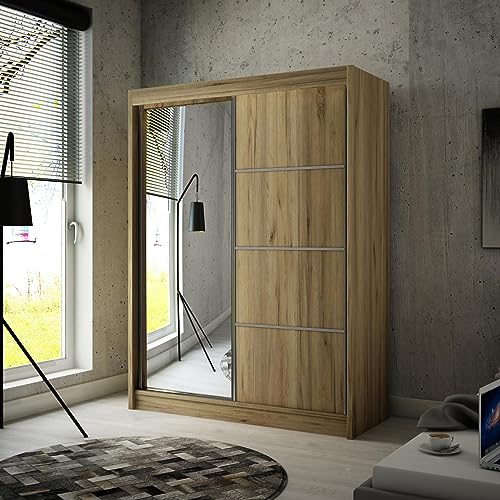 Mars Meble Schiebtürenschrank Paco 120cm Kleiderschrank inkl. 2 Schiebtüren Schrank mit Spiegel Kleiderstange, Breite: 120 cm, Farbe: Eiche Craft golden von Mars Meble