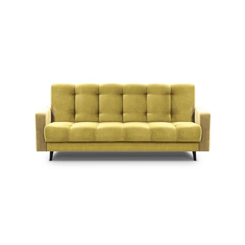 Mars Meble Schlafsofa mit Bettkasten - Dreisitzer 220cm Breit Polstersofa mit Schlaffunktion Nancy BIS, aus Velours Sofa mit Federkern Holzbeine, Stoff: Kronos 11 - Gelb von Mars Meble