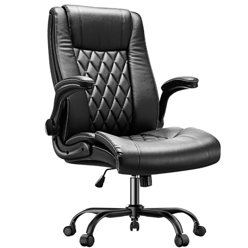 Marsail Bürostuhl Ergonomisch, Chefsessel Bürostuhl mit Hochklappbaren Armlehnen, PU Leder Ergonomischer Schreibtischstuhl mit Kippfunktion Höhenverstellbar Drehbar Rollend für Homeoffice, Schwarz von Marsail