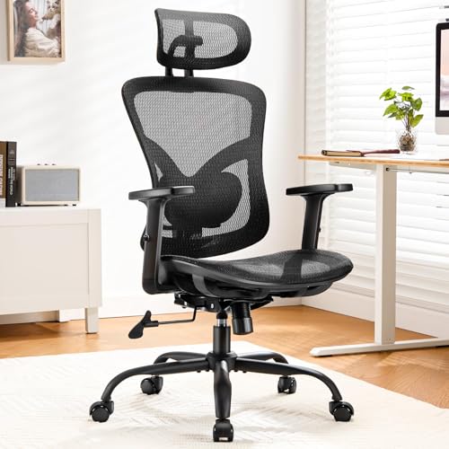 Marsail Bürostuhl Ergonomisch Schreibtischstuhl hat Verstellbarer Lordosenstütze Kopfstütze und Armlehne Höhenverstellung und Wippfunktion, Schwarz von Marsail