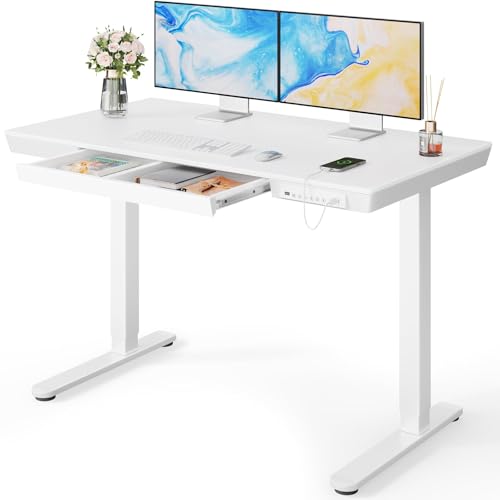 Marsail Glas-Stehschreibtisch mit Schublade, 121,9 x 61 cm, elektrischer Stehpult, Sitz-Steh-Schreibtisch mit einteiliger Tischplatte und USB-Ladeanschlüssen, höhenverstellbarer Schreibtisch mit Marsail Glas-Stehschreibtisch mit Schublade, 121,9 x 61 cm, elektrischer Stehpult, Sitz-Steh-Schreibtisch mit einteiliger Tischplatte und USB-Ladeanschlüssen, höhenverstellbarer Schreibtisch mit von Marsail