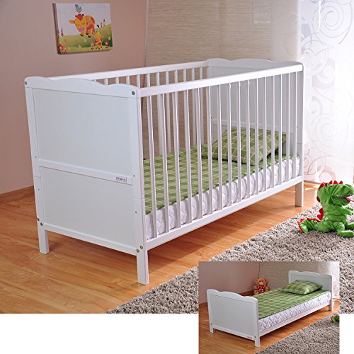 Marsell Baby Gitterbett Babybett und Kinderbett mit Aloe Vera Schaumstoffmatratze Zahnschienen und höhenverstellbar Weiß, umbaubar zum Juniorbett von Marsell