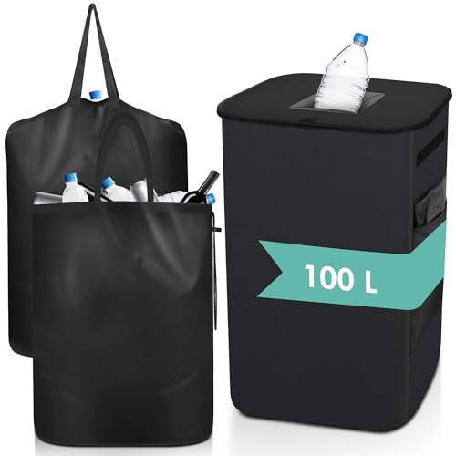 Marsred 100L Verstärkte Pfandflaschen Sammelbehälter mit Zwei verdicker Innenbeutel, Pfandbehälter aus 600D Polyester mit Deckel，Leergut Sammelbehälter (Quadratische Öffnung) von Marsred