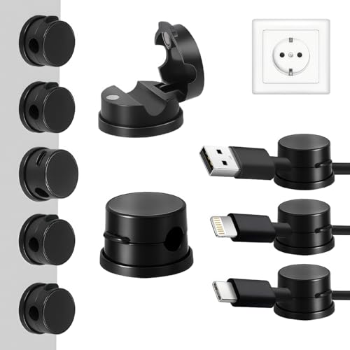 Marsred 360° Drehbar Kabelhalter Selbstklebend, 10 Stück Kabelführung Schreibtisch,Feder Kabel Organizer, Ladekabel Kabelmanagement Kabelschellen magnetisch,cable holder Schwarz von Marsred