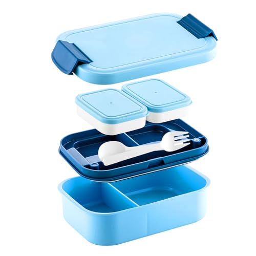 Marsred Brotdose mit Fächern,1300ML Lunchbox Kinder, Auslaufsicher Bento Box mit Bestectset, Brotbox für Erwachsene, Büro, Schule (Blau) von Marsred