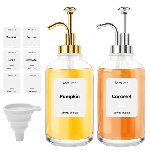 Marsred Sirup Spender Glas Set, 2 stück Kaffeesirup Spenderflasche 500ml für Kaffee Bar Organisation, silber und golder Sirup Flaschen zum befüllen mit 6 Etiketten,Pumpspender für Sirup, Seife Marsred Sirup Spender Glas Set, 2 stück Kaffeesirup Spenderflasche 500ml für Kaffee Bar Organisation, silber und golder Sirup Flaschen zum befüllen mit 6 Etiketten,Pumpspender für Sirup, Seife von Marsred