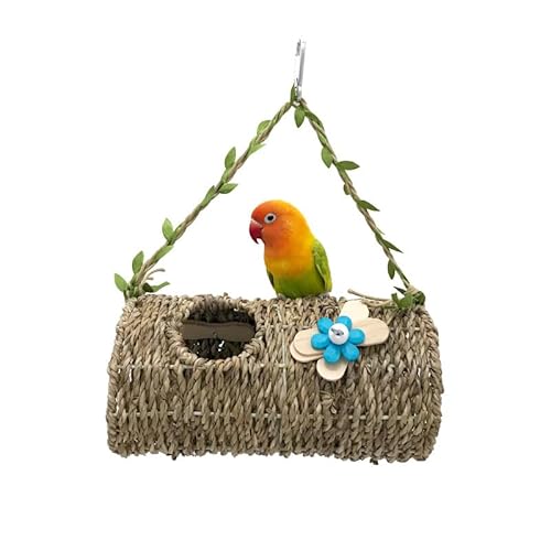 Vogelhaus aus Seegras mit Löchern, schönes Papageienzelt mit Tunnel und Blumendekor, Seegras natürliches Vogel-Kuschelnest Hüttenspielzeug, hängende Hängematten-Schaukel für Wellensittich, Hamster von Marsrut