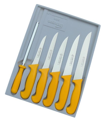 Marsvogel Schlachtermesser Set 6 tlg. GSK Solingen Metzgermesser Set bestehend aus: Stechmesser 6" 7" 8" Ausbeiner/Polker 5" 6" inkl. Wetzstahl (Gelb) von Marsvogel