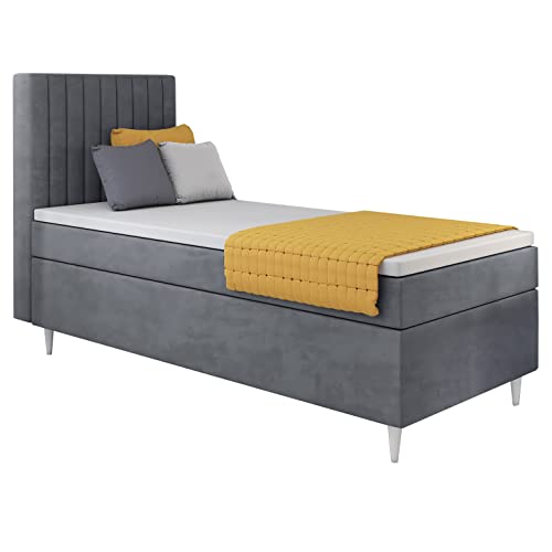 MartHome Boxspringbett Einzelbett mit Bettkasten Porto - Boxspringbett mit Bettkasten - Praktisches Bett, Polsterbett - Boxspringbetten Bonell Matratze - Bett mit Topper | Links (Grau 182, 100x200cm) von MartHome