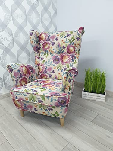 MartHome Einzelsofa Loungesessel Wohnzimmersessel, Stoffsessel - Relax Sessel TV Ohrensessel, Bequemer Loungesessel Wohnzimmer - Skandinavischer Sessel (Weiße Blumen 01) von MartHome