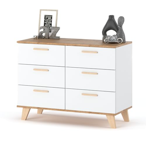 MartHome Moderne Kommode 100 cm ALFA– Weiße Kommode mit 6 Schubladen, Eichenplatte – Kompakte Schubladenkommode für Schlafzimmer, Wohnzimmer, Jugendzimmer – Stilvolle Selbstmontage Möbel von MartHome