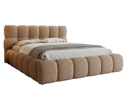 MartHome Polsterbett Premium 160x200cm mit Bettkasten Texas, Bett aus Bouclé Stoff mit stabilem Metall Lattenrost, Stauraumbett modernes Schlafzimmer Polsterbett ohne Matratze Hellbraun Q18 von MartHome