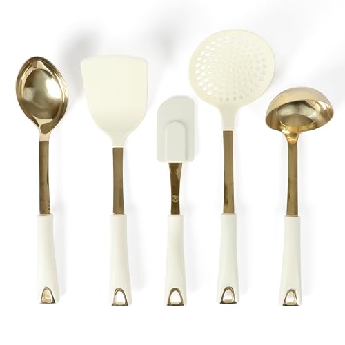 Martha Stewart Lockton 5-teiliges Küchenutensilien-Set aus Edelstahl und Nylon – Leinen mit Gold von Martha Stewart