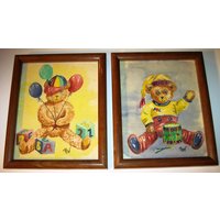 Set Von 2 Vintage Teddybär Wand Kunst Gemälde Gerahmt 9 X 11 Signiert Rdw Kinderzimmer von MartiesTreasuresII