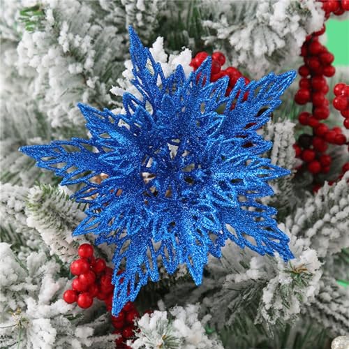 12 Stück Glitter Weihnachtsbaum Dekoration,Weihnachten Schneeflocken Charms,Weihnachten Blumen Poinsettia Ornament Weihnachten Dekor, Christbaumanhänger (Blau) von Martin Kench