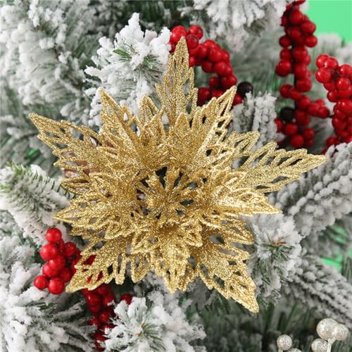 12 Stück Glitter Weihnachtsbaum Dekoration,Weihnachten Schneeflocken Charms,Weihnachten Blumen Poinsettia Ornament Weihnachten Dekor, Christbaumanhänger (Gold) von Martin Kench