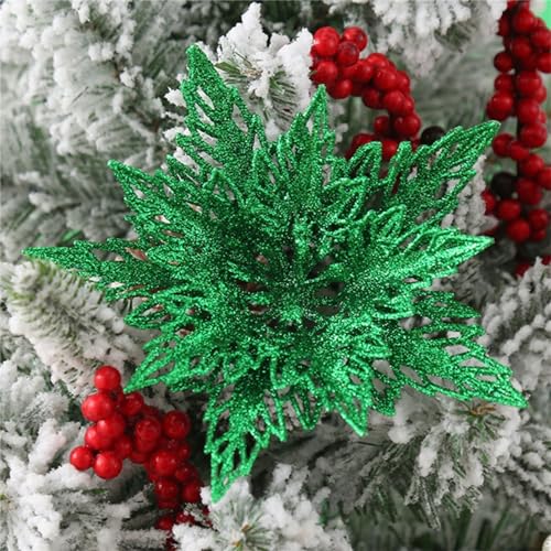 12 Stück Glitter Weihnachtsbaum Dekoration,Weihnachten Schneeflocken Charms,Weihnachten Blumen Poinsettia Ornament Weihnachten Dekor, Christbaumanhänger (Grün) von Martin Kench