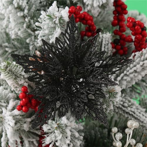 12 Stück Glitter Weihnachtsbaum Dekoration,Weihnachten Schneeflocken Charms,Weihnachten Blumen Poinsettia Ornament Weihnachten Dekor, Christbaumanhänger (Schwarz) von Martin Kench