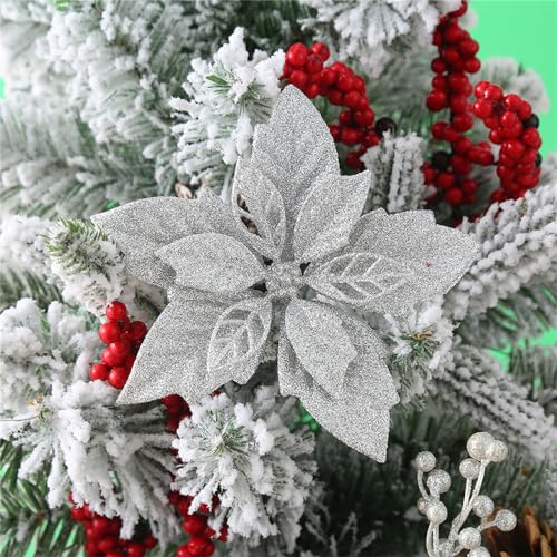Martin Kench 12 Stück Glitter Weihnachtsstern Blume Künstliche Poinsettia Weihnachten Blumen Weihnachtsbaumschmuck Ornament Christbaumanhänger Weihnachten Dekor (Silber) von Martin Kench