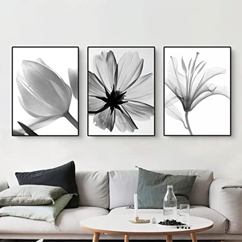 3er Set Schwarz Weiß Blume-Poster, Moderne Unframed Blumenmuster Bilder, Wandbild Print Bilder Kunstposter für Wohnzimmer Deko, Ohne Rahmen (21x30cm) von Martin Kench