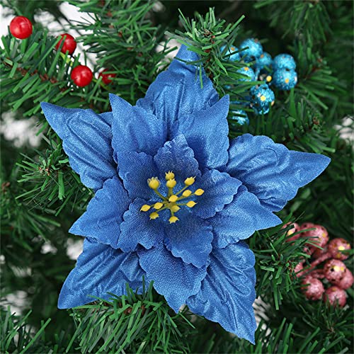 Martin Kench 12 Stück Glitter Weihnachten Blumen Künstliche Weihnachtsstern Blumen Weihnachtsbaumschmuck Weihnachten Dekor, Christbaumanhänger (Blau) von Martin Kench