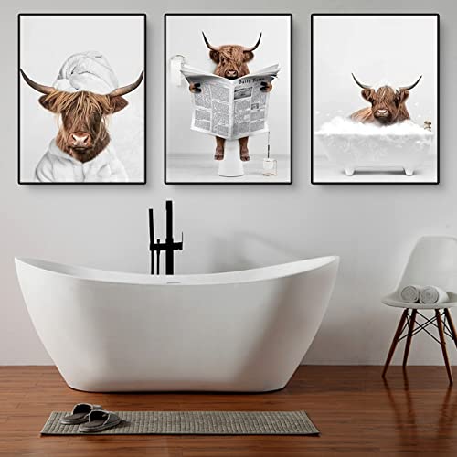 Martin Kench 3er Badezimmer Bilder Set, Tier Hochland-Kuh in der Badewanne Bild, Lustige Wandkunst Drucke Leinwand Poster Dekoration, Ohne Rahmen (21x30cm) von Martin Kench