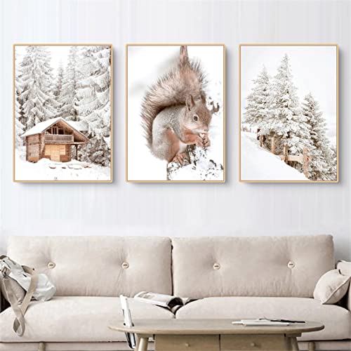 Martin Kench 3er Poster Set, Winter-Schneelandschaft Bilder, Eichhörnchen, Kiefer, Elch, Wald Wandbilder Modern Wanddeko für Wohnzimmer, ohne Rahmen (A,50x70cm) von Martin Kench