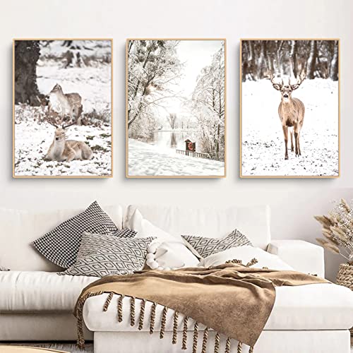 Martin Kench 3er Poster Set, Winter-Schneelandschaft Bilder, Eichhörnchen, Kiefer, Elch, Wald Wandbilder Modern Wanddeko für Wohnzimmer, ohne Rahmen (C,50x70cm) von Martin Kench