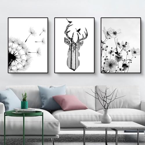 Martin Kench 3er Poster Set Aesthetic Schwarz-Weißer Schmetterling Blume Löwenzahn Bilder Set Moderne Wandbilder Wohnzimmer Schlafzimmer Wanddeko Art ohne Rahmen von Martin Kench