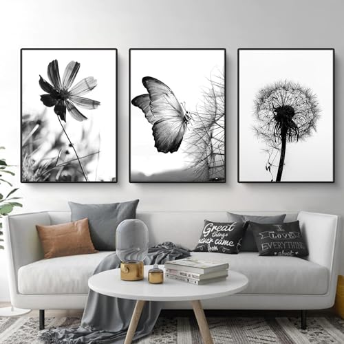 Martin Kench 3er Poster Set Aesthetic Schwarz-Weißer Schmetterling Blume Löwenzahn Bilder Set Moderne Wandbilder Wohnzimmer Schlafzimmer Wanddeko Art ohne Rahmen von Martin Kench