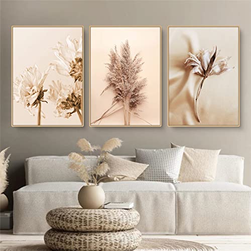 Martin Kench 3er Poster Set Wohnzimmer, Boho Pampasgras Bilder Deko, Moderne Beige Pampas Wandbilder, Stilvolle Wanddeko - ohne Bilderrahmen (A,40x50cm) von Martin Kench