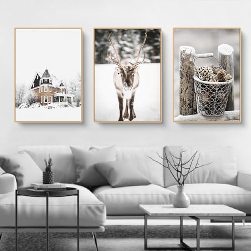 Martin Kench 3er Premium Poster Set, Modern Winterburg-Elch-Schnee-Szene Bilder, Print Kunstposter, Wandbilder für Wohnzimmer Schlafzimmer,Ohne Rahmen von Martin Kench