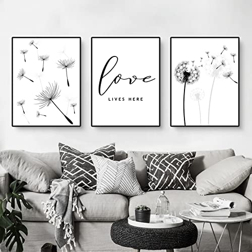 Martin Kench 3er Schwarz Weiß Poster Set, Aesthetic Löwenzahn Bilder Set, Modern Schwarz Weiß Blume Wandbilder, Leinwandbilder für Wohnzimmer, Ohne Rahmen (30x40cm) von Martin Kench