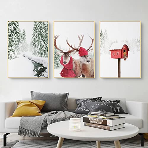 Martin Kench 3er Weihnachts-Poster Set, Winter-Schneelandschaft Bilder, Elch, Holzhaus, Wald Wandkunst Wandbilder Modern Wanddeko für Wohnkultur, ohne Rahmen (C,21x30cm) von Martin Kench