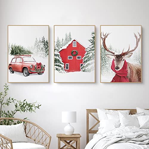 Martin Kench 3er Weihnachts-Poster Set, Winter-Schneelandschaft Bilder, Elch, Holzhaus, Wald Wandkunst Wandbilder Modern Wanddeko für Wohnkultur, ohne Rahmen (D,50x70cm) von Martin Kench