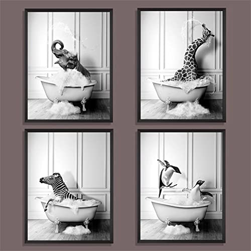 Martin Kench 4er Schwarz-Weiß Poster Set, Badezimmer Bilder Tiere in der Badewanne Modern Wandbilder Leinwandbilder Wanddeko Bilder für Badezimmer (21x30cm) von Martin Kench