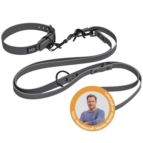 Martin Rütter Kombi-Set – Halsband & Führleine, Größe S, Grau, aus SoftVinyl, reißfest, wasserabweisend & pflegeleicht – Komfortables Set für Hunde, leicht zu reinigen von Martin Rütter