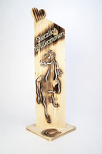 Martin Wagner Holz Deko Schild geflammt Herzlich Willkommen Pferd NR5 Geflammtes Herzlich Willkommen Schild - Türschild Holz Deko, Gartendeko, Türdeko - Lackiert & Wetterfest - 25 x 20 x 79 cm von Martin Wagner