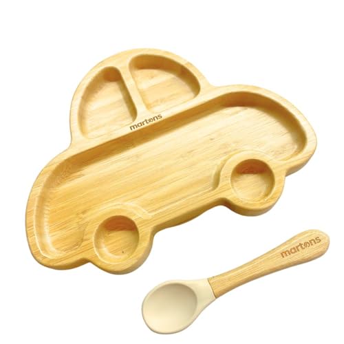 Martons Hochwertiges Bambus Teller mit Saugnapf, Rutschfestem mit passendem Baby Löffel, Geschirr Set mit schöne Geschenkbox, universal Beige farbe von Martons