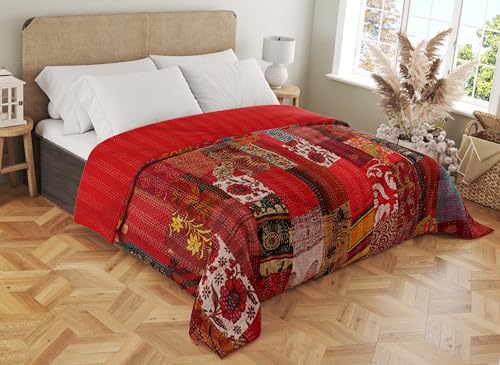 Marubhumi Handgefertigte Baumwoll-Steppdecke Kantha-Decke, indische Seide, Sari-Patchwork-Steppdecken (Rot, Queen-Size-Größe: 229 x 274 cm) von Marubhumi