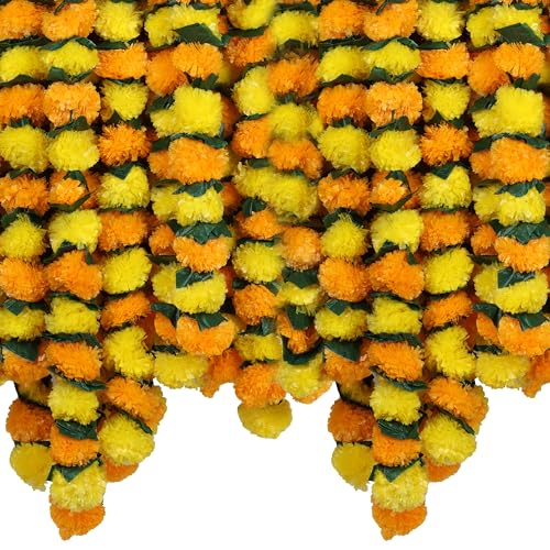 Marubhumi Künstliche Ringelblumen-Blumen mit Gulchadi-Girlande für Diwali-Dekor, Girlande für Dekoration, Diwali-Dekorationen für Zuhause, Weihnachtsdekoration, Hochzeitsdekoration (Gelb/Mango), 5 von Marubhumi