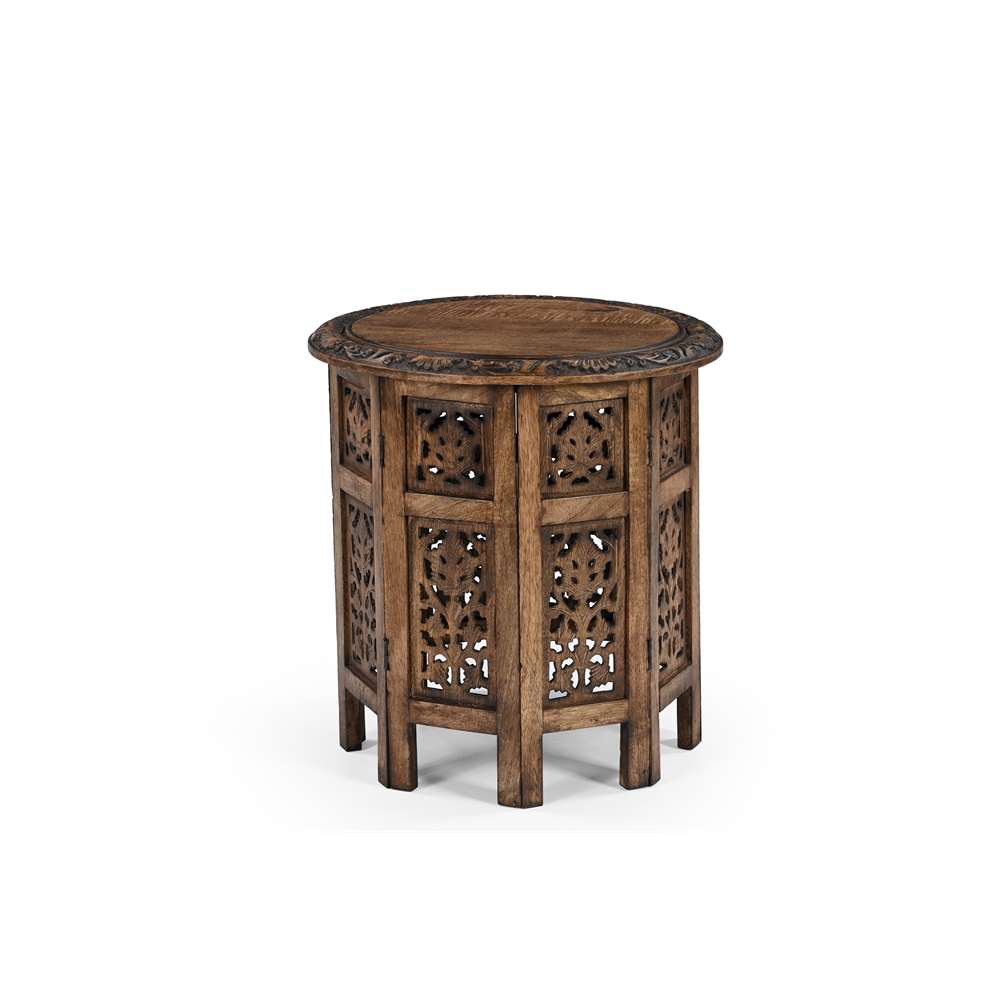 Antique Brown Hand-Carved Solid Wood Round Side/Coffee Table – 45cm Diameter von Marudhara