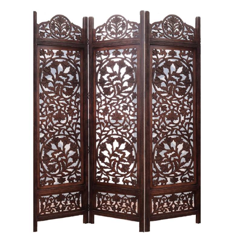 Elegant Handcrafted Wooden Room Divider made in Mango Wood and MDF – 3-Panel Floral Carving Screen von Marudhara
