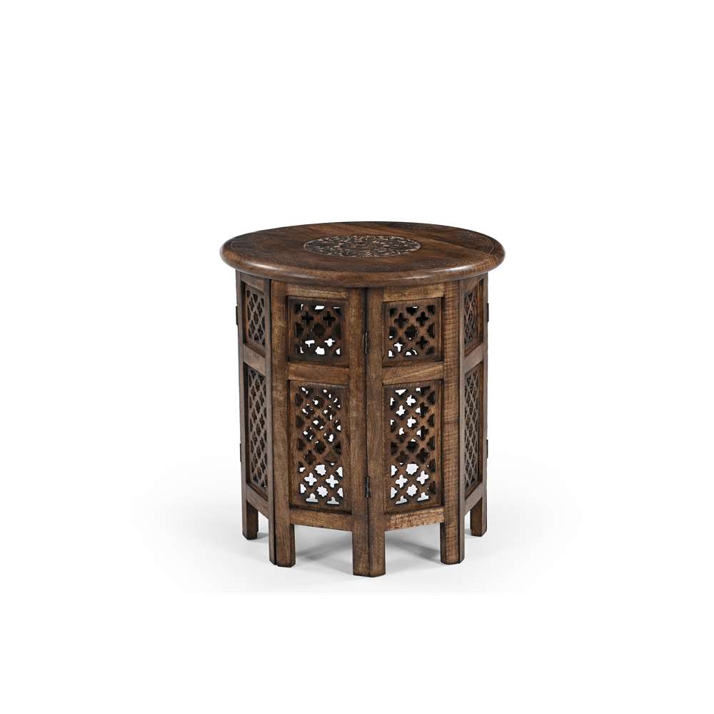 Handcrafted Wooden Side Table with Lattice Pattern – Round, 45cm von Marudhara